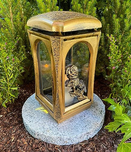 Lanterne funéraire dorée avec motif rose - Bougie funéraire - 27 cm de hauteur - Décoration funéraire - Modèle sans socle