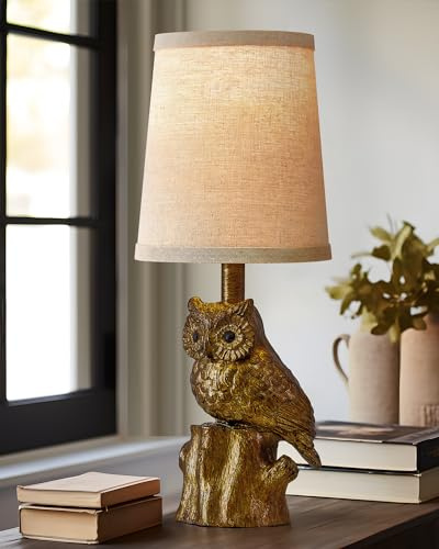 G-SAFAVA 14.25 Small Table Lamp for Living Room Farmhouse Bedside Resin Single Lamp with Gold Owl Lamp Shape for Bedroom Retro Rustic Nightstand Lamp