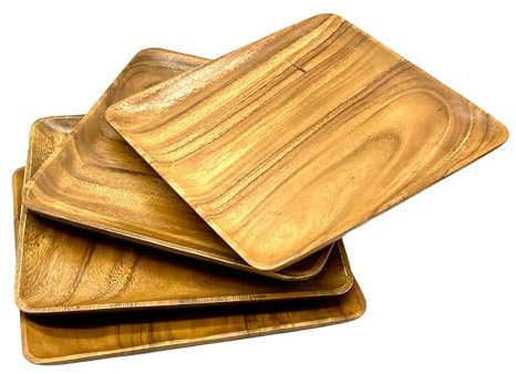 Acacia Wood Square Plates, 12 Inch, Dinner, BBQ & Steak Plates, Set of 4
