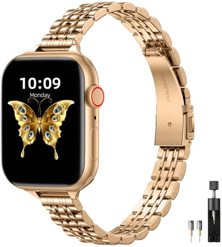 Maledan Metallrem kompatibel med Apple Watch, 40/41/38 mm för kvinnor/män, ersättningsband i justerbart rostfritt stål för iWatch serie 1–9, SE 2/1, Ultra 2/1, roséguld
