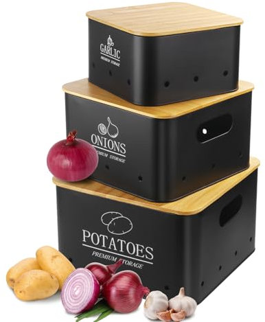 Otauoaea Boite Pomme de Terre, Oignon et Ail, Lot de 3 Rangement Pomme de Terre, Boite Oignon, Boite Ail, Conservation Pomme de Terre avec Couvercle en Bambou, Boite Rangement Cuisine, Noir