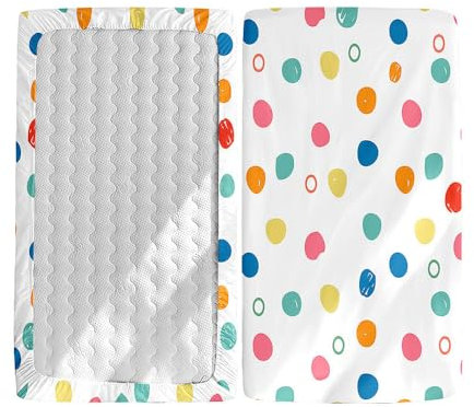 Hiseng 2 Stück Baby Spannbettlaken Bettlaken für Eckige & Oval Matratzen, Weiche Mikrofaser Spannbettlaken Kinderwagen Matratzenschoner für Beistellbett & Kinderwagen (Bunte Punkte,40x90cm)