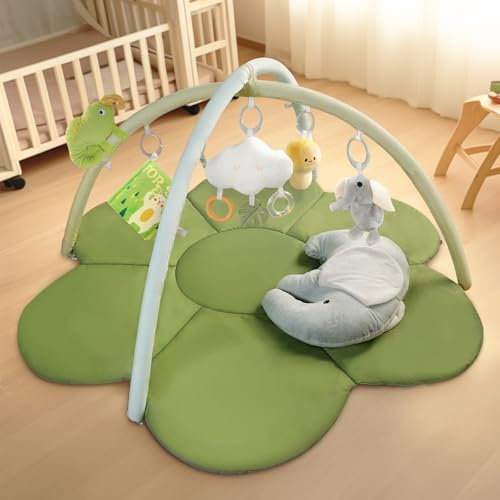 Forest Spielbogen Baby, Größere Spielmatte & Krabbelmatte Baby mit Kissen, Spiegel und 5 Sinnesspielzeugen, Aktivitätsmatte für Babys von 0–18 Monaten