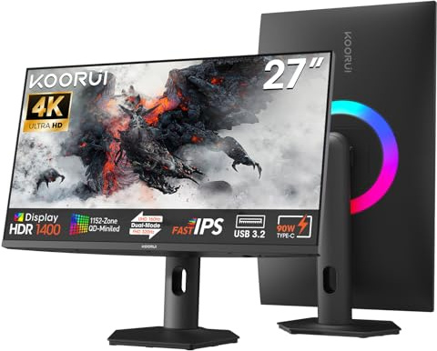 KOORUI Mini LED S2741LM Gaming Monitor 27 Zoll, 4K UHD 3840x2160 IPS PC Bildschirm, Dual-Modus 4K 160 Hz/FHD 320 Hz, HDR 1400 Adaptive Sync, Type-C 90W, USB 3.1, 2xHDMI 2.1, DP 1.4, Höhenverstellbarer