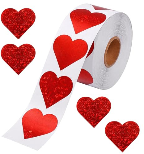 Solvica 500PCS Heart Stickers, Roll of Sparkly Red Heart Stickers for Valentines Day, Wrapping Craft Paper, Scrapbook Labels, Valentine's Gifts Decorations