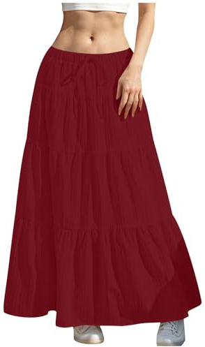 KUIH Long Skirts for Women Elastic High Waist Maxi Skirts Plain Loose Casual A Line Skirt Ladies Tiered Flowy Summer Skirt with Drawsting S-XXL