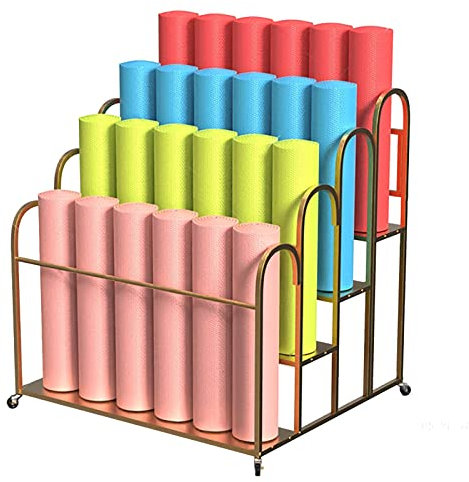 Weiß-schwarz-Goldener Yogamatten-Organizer für den Boden, robuster, großer Kapazität, mehrlagiger Trainingsmatten-Displayhalter, mobiler Trolley-Wagen, für 18–24 Matten (Farbe: GOL