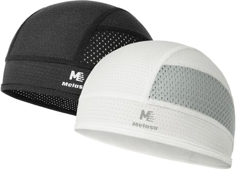 MELASA Berretto da ciclismo sotto casco, leggero e traspirante, protezione dal sudore estivo, in rete, ad asciugatura rapida, per ciclismo, moto, corsa, uomo e donna, nero/bianco., Taglia unica