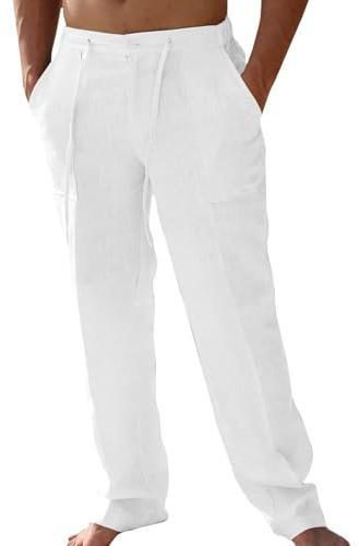 Friptspyg Pantalones de Lino Largos para Hombre con Bolsillos, Pantalones de Ocio Lisos, Ligeros, Holgados, con Cordón, para El Día, Blanco S