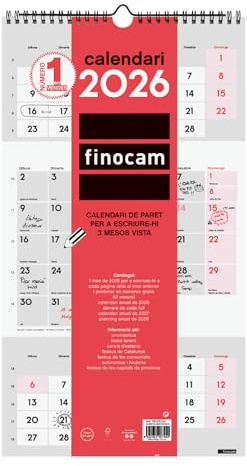 Finocam - Calendario da parete 2026 3 Mesi Vista Gennaio - Dicembre (12 mesi) | Calendario 2026 per annotare | Planner mensile Neutro - Catalano