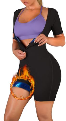 Damen Saunaanzüge 3 in 1 Sauna Shirt Neopren Ganzkörper Jumpsuit Taillentrainer Bauchweg Hot Thermo Schweiß Schwitzen(BK 3XL)