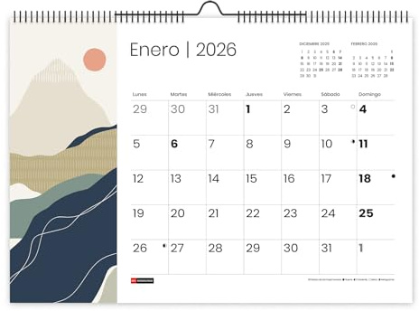 Miquelrius - Calendario 2026 de pared, Organizador anual A3: 420 x 296 mm, Con espacio para anotar, Encuadernación espiral doble, Planificador 12 meses, Español, Montañas