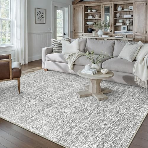 PureCozy Vintage Vardagsrum Matta 160x230cm Tvättbar Golvmatta Grå | Halkfri Stor Mattor,Sovrumsmatta,Kort Lugg Inomhusbruk Carpet,Matsal Rugs,Kontor Carpet,Barnrum