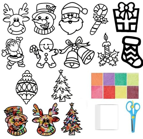 AVZYARDY Set di 12 pezzi per lavoretti natalizi per bambini, kit di adesivi tematici per il Natale con carta, modelli colorati di immagini da finestra per decorare pareti e ambienti