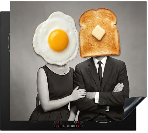 KitchenYeah© Protector Vitroceramica 60x52 cm Tapa para induccion Placa Encimera Cubre de Protectora Cocina Desayuno - Pareja - Huevo - Pan