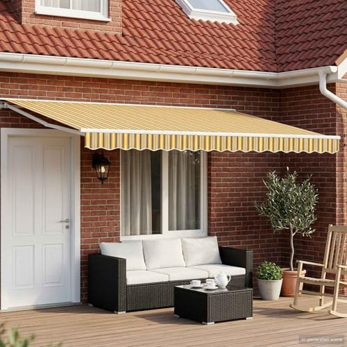 Tonture Tenda da sole elettrica estensibile con braccio articolato, 5 x 3 m, giallo, grigio, bianco, con manovella e telecomando, per giardino, balcone, terrazzo, esterno, protezione solare e ombra