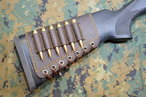 vsdfvsdfv Adjustable Leather Buttstock Cartridge Ammo Holder for Rifles 12 16 Gauge Hunting Ammo Pouch Bag Stock Right Handed Shotgun Shell Holder (Dark Brown, 45-70)