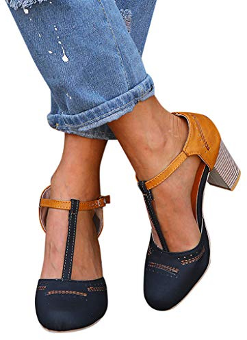 2019 Zapatos De Tacón Alto Ancho, Sandalias De Vestir En Contraste Punta Redonda Zapatillas con Hebillas Sandalias Romanas De Boda Fiesta De Baile Elegante Chic De Verano Primavera 35-43 (Negro1, 37)
