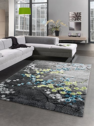CARPETIA Teppich Kurzflor Teppich Wohnzimmerteppich Blumen grau türkis blau Größe 160x230 cm