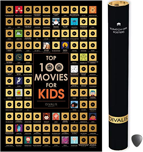 Scratch off Kids Movies Poster - Top 100 Kids Bucket List Map - Large Scratchable Children Cinema Poster - Essential Films Must See Watchlist Chart - Ultimate Movies Watched Challenge Poster Checklist