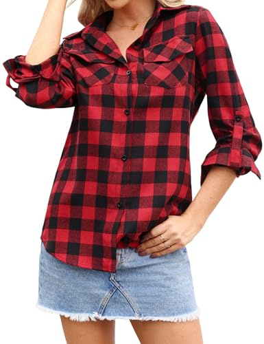 Irevial Chemisier Femme Chic et Élégant Manches Longues Carreaux Tops Classique Blouse Décontractée Rouge, L