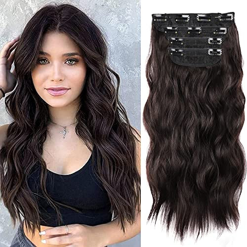 Clip in Extensions Braun Haarverlängerung wie Echthaar Günstig Clips Haarteil Extensions für Damen Lang Wavy Double Weft Brünette Synthetisches Haar für Frauen 4 Teile Set Dunkelbraun(6A#) 50cm 077B