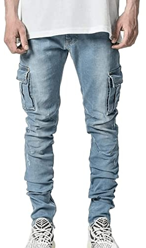 ORANDESIGNE Cargo Jeans Déchiré Homme Pantalon en Denim Skinny Slim Fit Stretch Élastique Pants Casual Vintage Biker Jeans Grande Taille E Bleu L