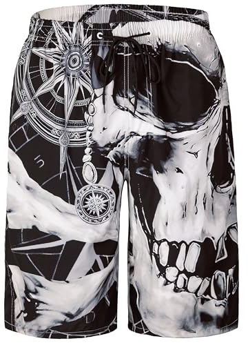 Mens Swim Trunks for Men, Black White Pirate Skull Compass Heavy Metal Mens Board Shorts Swimwear Bathing Suit with Mesh Lining, Funny Hawaii Quick Dry Beach Shorts for Men Swimming Trunks, X-Large