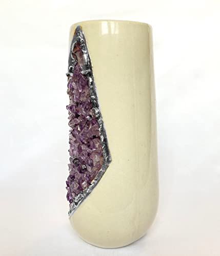 Cream and Gold Ceramic Vase/Planter/Pot/Wine Goblet/Mug with Purple Amethyst Semi - Precious Agate Crystal Gemstones |Both (Small & Large), (Silver - Finish)