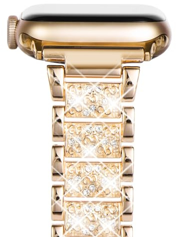 NewWays Kompatibel mit Apple Watch Armband 38mm 40mm 41mm 42mm(Serie 10) Frauen,Bling Diamant Edelstahl Metall Slim Ersatzband für iWatch Series 10/9/8/7/6/SE/5/4/3/2/1,Gold