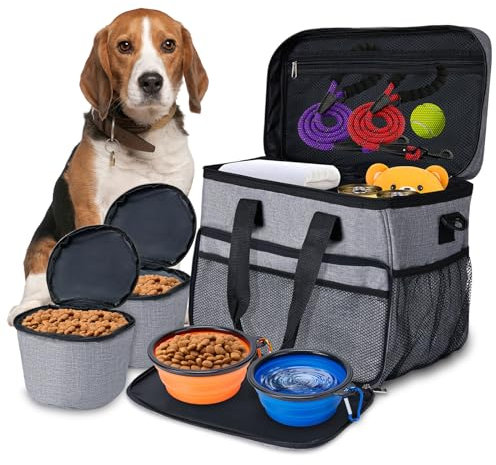 shirylzee Dog Travel Bag Pet Travel Bag Organizer with 2 Dog Food Container, 2 Collapsible Bowls for Road Trips, Camping, Hiking, Beach, RV or Weekend Away