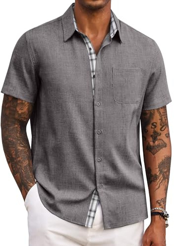 COOFANDY Men's Summer Shirt Casual Button Down Shirts Short Sleeve Dress Shirt A-Dark Grey