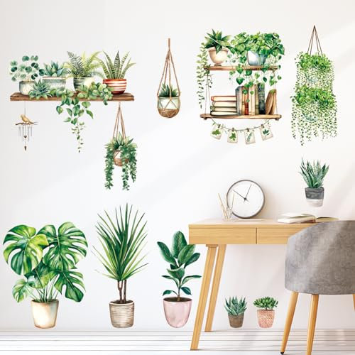 DECOWALL SG2-2411 Green Pot Plants Leaves Wall Decals Tropical Leaf Wall Stickers for Bedroom Wall Mural as Wall Decor for Living Room Removable Stickers for Home Walls Decoration Housewarming