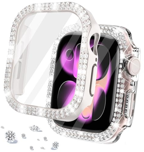 DEALELE [2-pack härdat glasfodral kompatibelt med Apple Watch-serien 10 (42 mm), Bling dubbelradig diamantskyddsfodral med skärmskydd (42 mm, stjärnljus + genomskinlig)