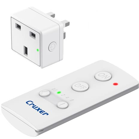 Cruxer Remote Control Timer Plug Sockets, 13A/3120W Anti-Surge Socket Switch with 50M/160FT Wireless Operating Range, Programmable, UKCA and RoHS Listed for Household Appliances, 1 Socket and 1 Remote