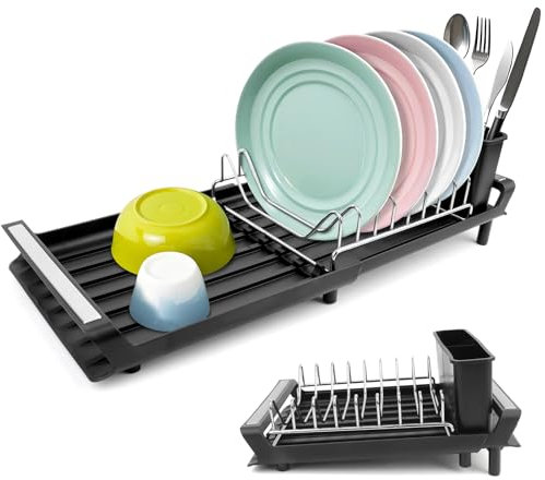 Egouttoir Vaisselle Pliable Egoutoire Vaisselle Cuisine INOX Égouttoir sur Evier Seche Compact avec Porte-Couverts Amovible Noir