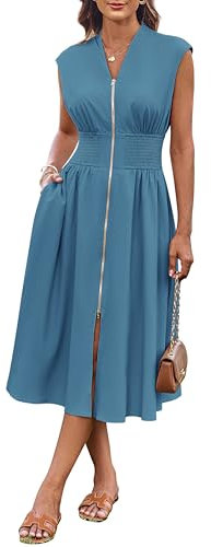 GRACE KARIN Women's Casual Midi Dress Cap Sleeve V Neck Beach Dress Zipper Front Gray Blue L