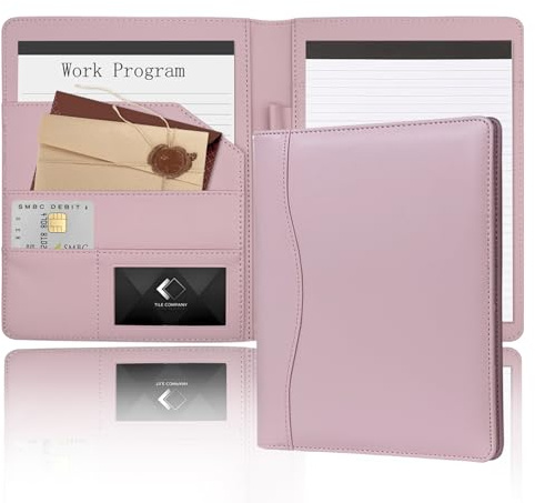 Portfolio A5 Conference Folder, Soft Leather Padfolio 5 x 8 Mini Business Binder Legal Writing Note Pad Junior Size Document Organizer for Present Gift Kid Men Women Pink