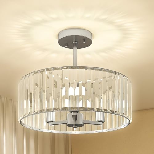 HOMCOM Crystal Ceiling Light Fixture Semi Flush Mount Modern 39 cm Silver | Crystal Chandelier Ceiling Light, for Living Room Bedroom Hallway Dining Room, E14 Base 3-Lights, Bulbs Not Included