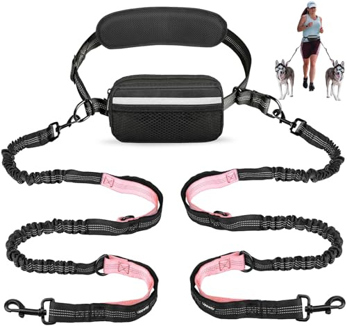 Uppetly Hands Free Dog Running Leash with Waist Belt, Dual Handle Elastic Bungees Retractable Rope for Medium and Large Dogs, Reflective Stitches for Walking Hiking Biking (Large Pink, 25-120lb)