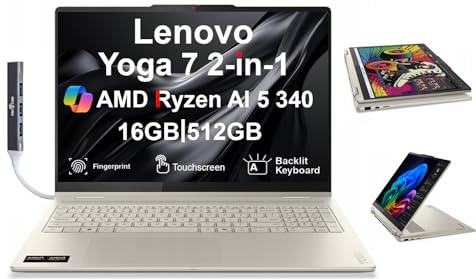 Lenovo Yoga 7 2-in-1 Copilot+ Laptop 16.0 Touch IPS WUXGA Display (AMD Ryzen AI 5 340 (Up to 50 Tops), 16GB LPDDR5X, 512GB SSD, Backlit KB, FP, WiFi 7, HD Webcam, Win 11 Pro) w/DKZ USB Port Expander