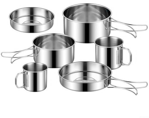Batterie de cuisine de camping en acier inoxydable 6 pièces avec casseroles pliables, poêles, tasses, ustensiles de cuisine empilables et portables pour randonnée, pique-nique