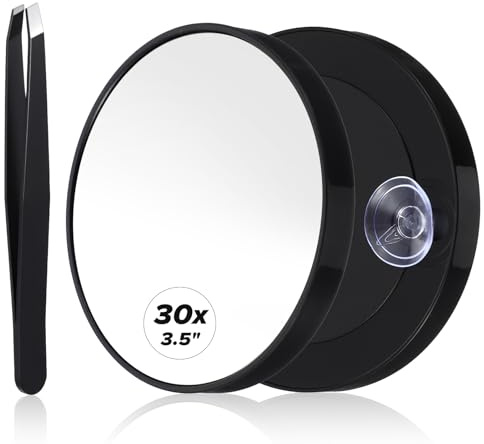 ElevateTech Magnifying Mirror 30X Magnifying Mirror with Suction Cup 3.5 Inch Magnified Makeup Mirrors Round Shower Mirrors Stainless Steel Tweezer for Makeup Eyebrows Beards Travel (Black)