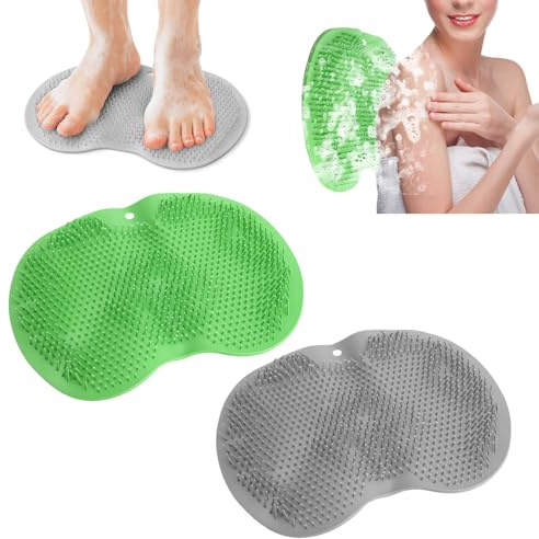 Silikonduschmatta för fötter set om 2 – halkfri fottvättmatta med sugkoppar och massageborst, TPR-fotskrubningsmatta för dusch och badkar, peeling och ryggskrubb, grå och grön 28 × 22 cm