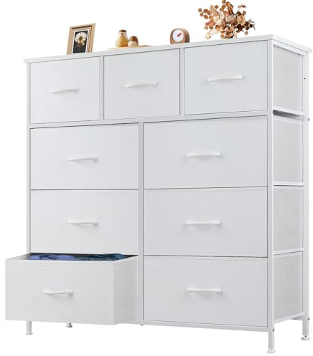 OLIXIS 9 Drawer Storage Dresser with Wood Top - Wide Fabric Chest Organizer for Bedroom, Closet, Living Room,Tower Cabinet, TV Stand, Hallway Entryway Furniture,Bright White