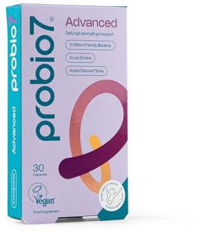 Probio7 Advanced – High Strength Digestive Support | 9 Live Strains | with 10 Billion CFU, Saccharomyces Boulardii + 2 Types of Fibre | Gut Health Supplements, Probiotics for Gut Health - 30 Capsules