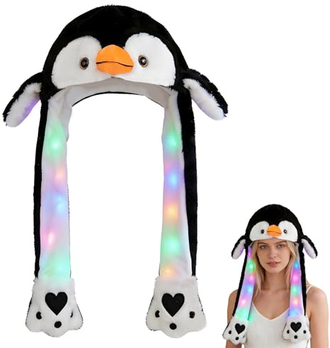 YeahBoom Pinguin Hut mit Beweglichen Ohren,LED Mütze,Ohren Bewegender Hut Tier,Lustige Tiermütze Plüsch Mütze,Drücken der Tiermütze Machen,Geschenk Cosplay Wintermütze Hütte für Erwachsene