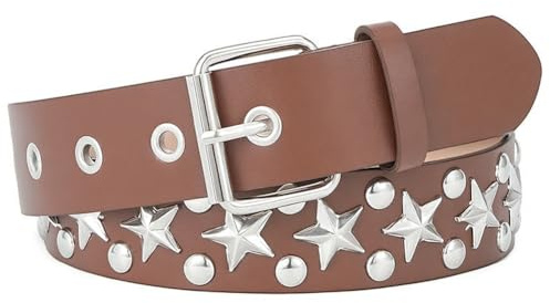 CALFOVERA Cinturón de Piel Sintética de 113 x 3.6cm con Tachuelas En Forma de Estrella, Estilo Gótico Punk Rock, con Remaches Metálicos Y Hebilla Plateada. Cinturón Ajustable con Tachuelas