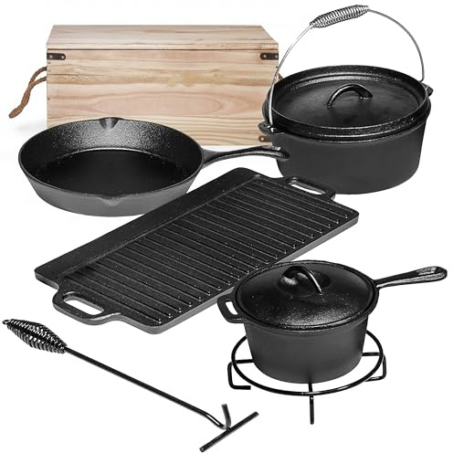 Bruntmor Camping Cooking Set Of 7. Pre Seasoned Cast Iron Pots And Pans Dutch Oven With Lids For Outdoor Comefire. Grill Cookware Skillet Sets With Storage Box