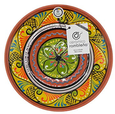 CERÁMICA RAMBLEÑA | Plato Decorativo para Colgar en Pared | Plato de cerámica | Plato decoración Mediterránea Amarillo-Blanco-Verde | 100% Hecho a Mano | 28x28x4.5 cm